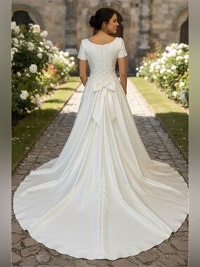 Vintage Wedding Dress Elegant White Satin Bridal Gown with Bow Back and Train